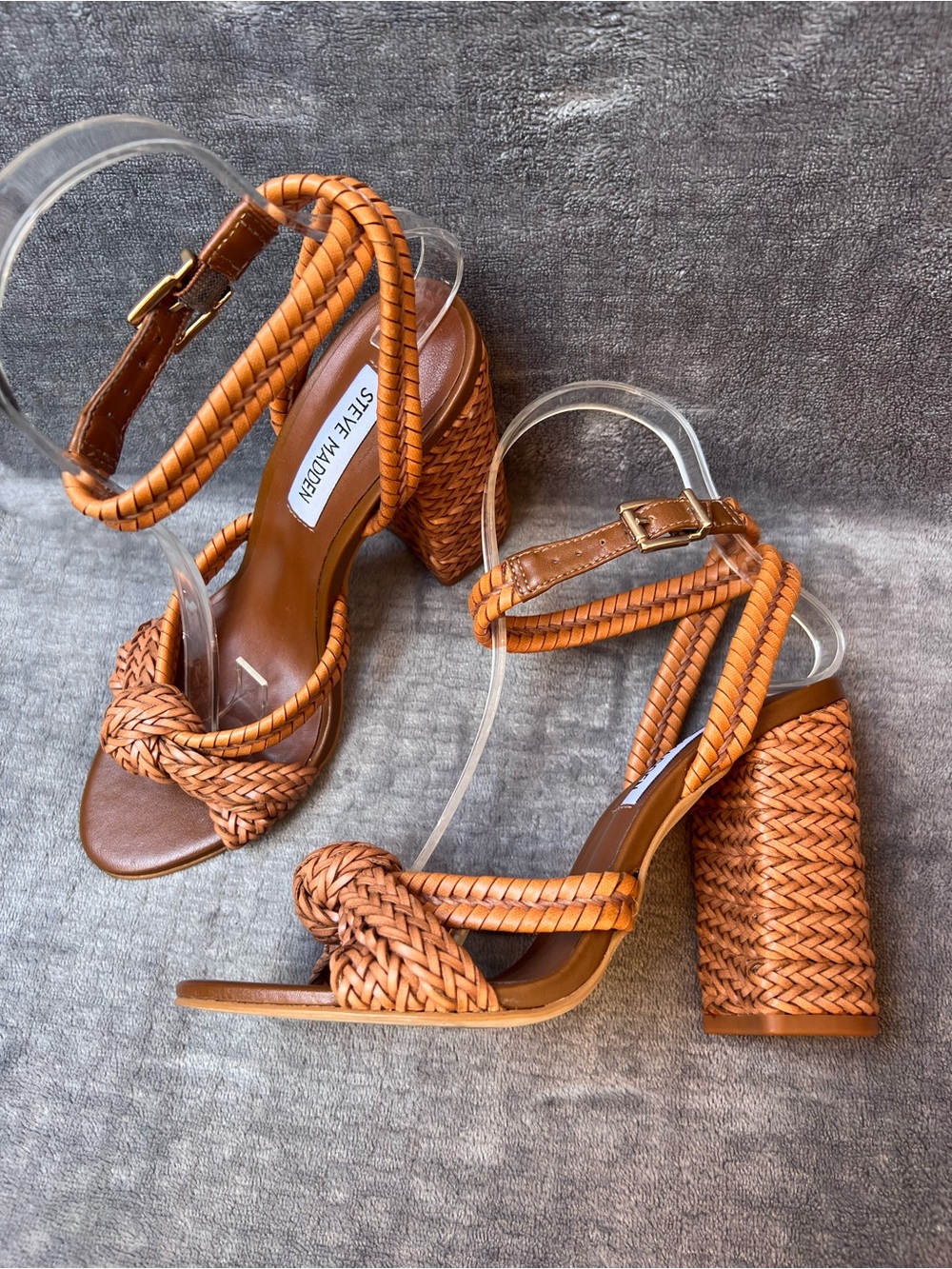 Steve Madden Malou Heels Sz 6.5 M Cognac Braided Block Heel Sandals Vegan - Picture 14 of 15